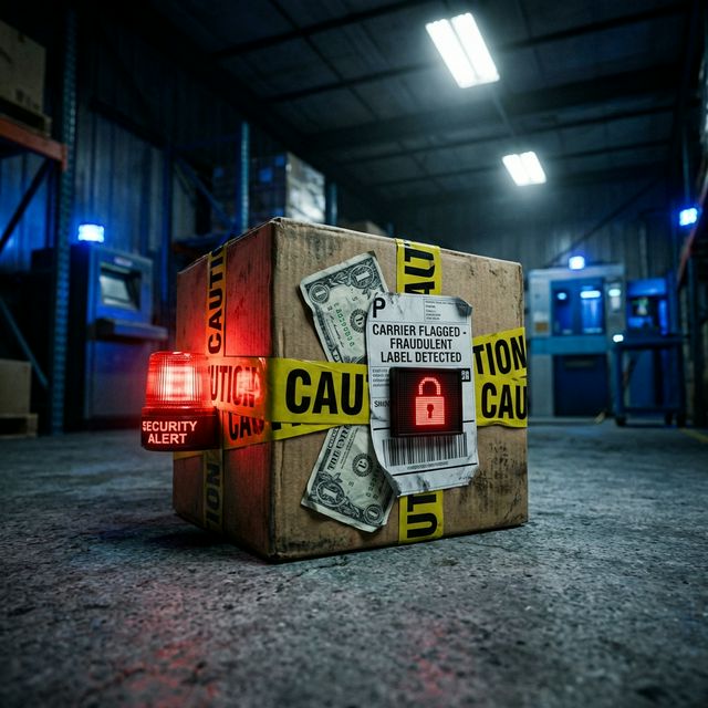 Suspicious cardboard package wrapped in caution tape with a glowing red warning sign, sitting in a dark warehouse